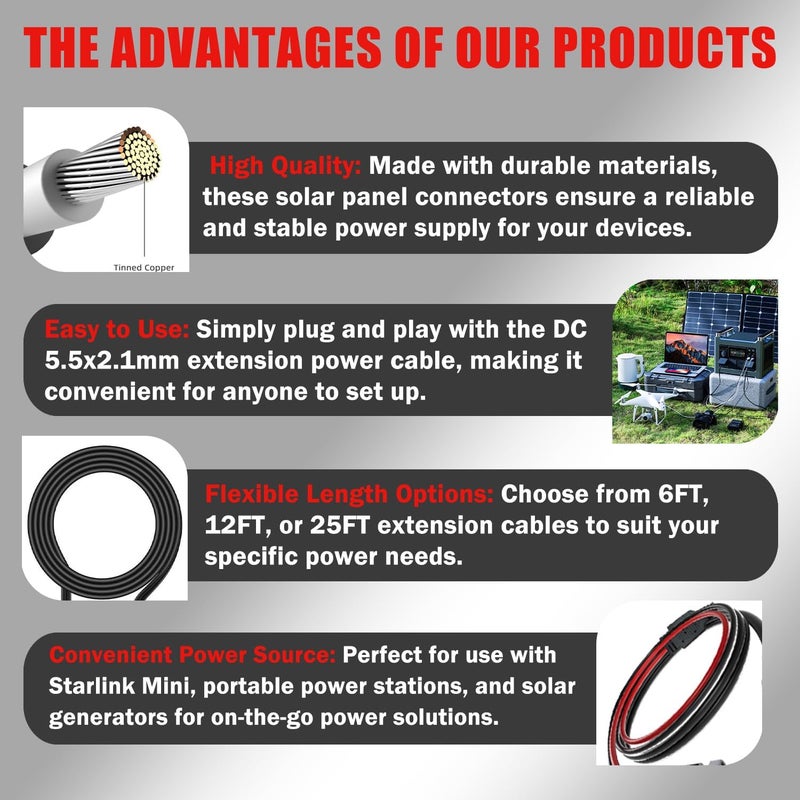 Magiktech Solar Connectors to DC 5.5 * 2.1mm Extension Power Cable for Starlink Mini, Solar Panels to DC 5521 Cord Cable for Portable Power Stations & Solar Generators (12FT) - Image 4